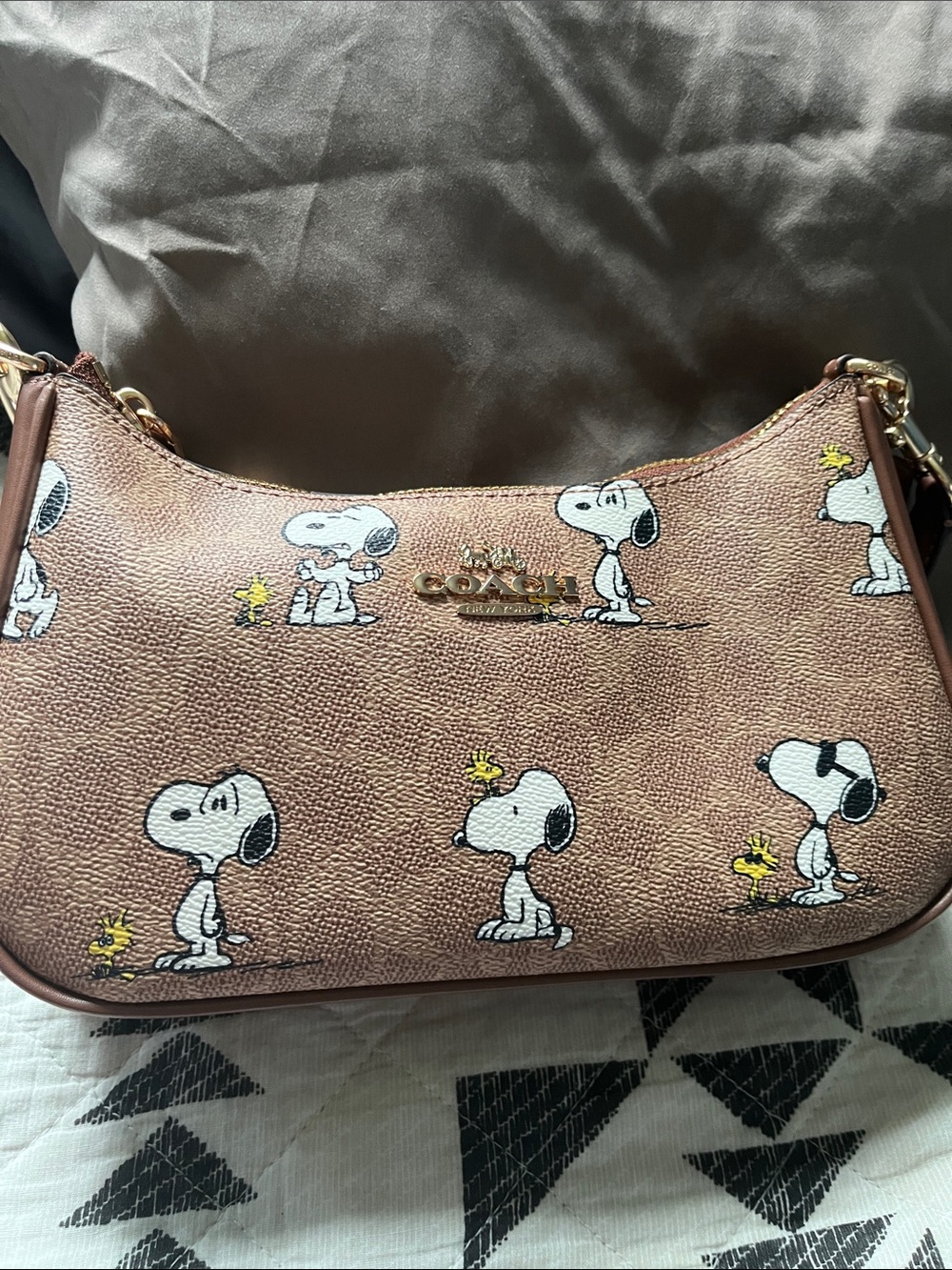 COACH Brown Snoopy & Woodstock Printed Leather Shoulder Bag